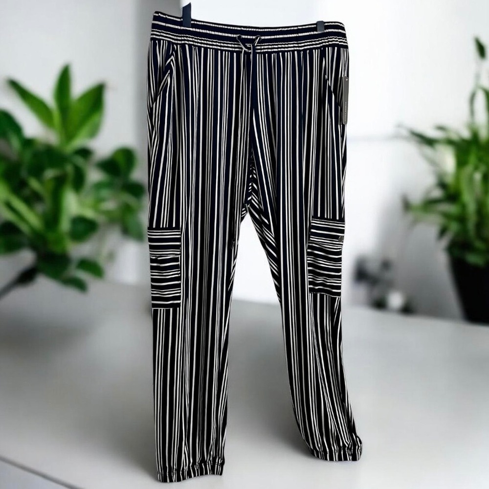 Robert Louis Womens Black White Striped Cargo Jogger Pants Size L Pockets